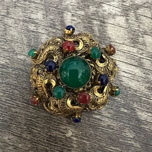 Vintage Gold tone Brooch with Green, Red & Blue Cabochons made in West Germany